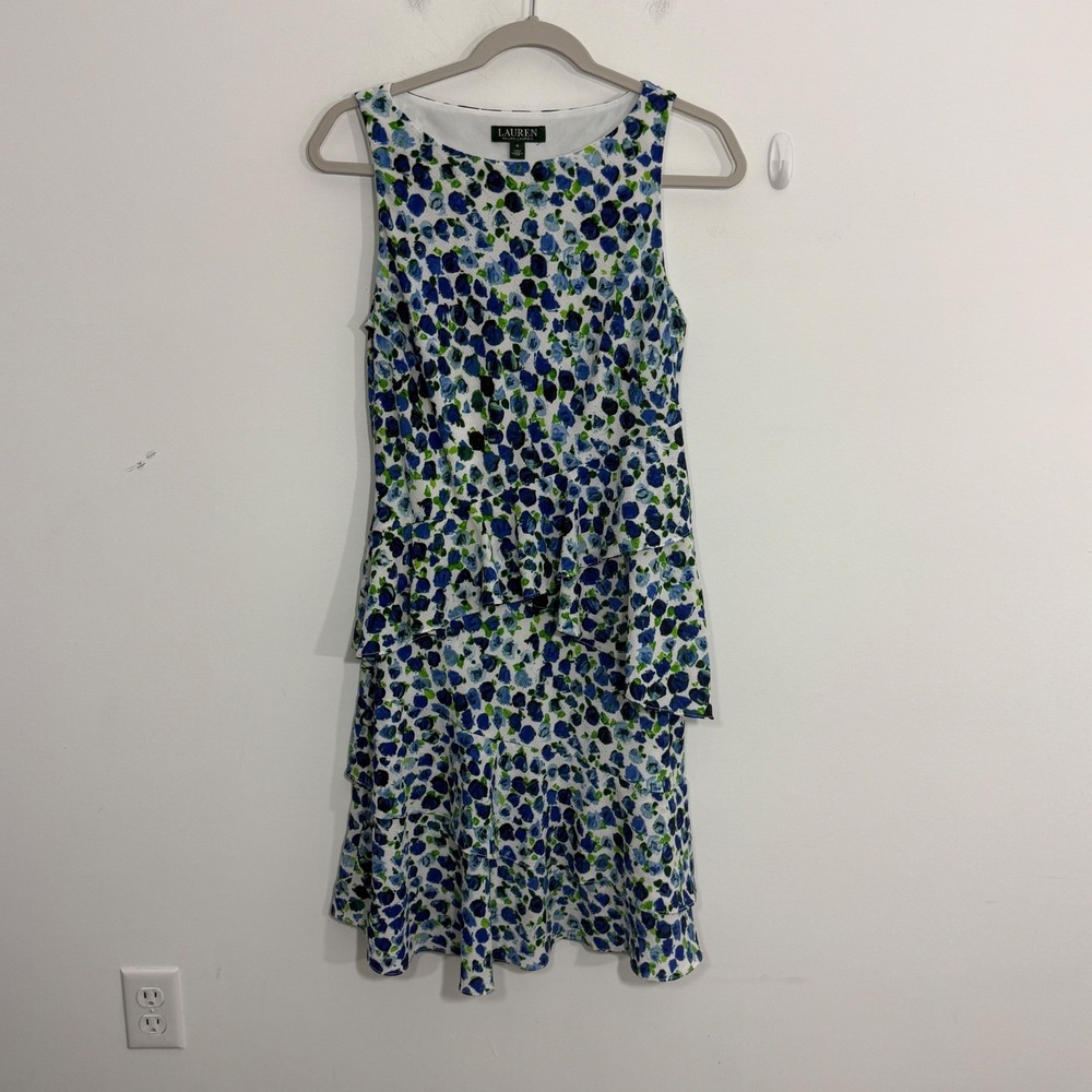 Lauren Ralph Lauren Womens Dress Size 8 Blue Floral Garden Party Crepe